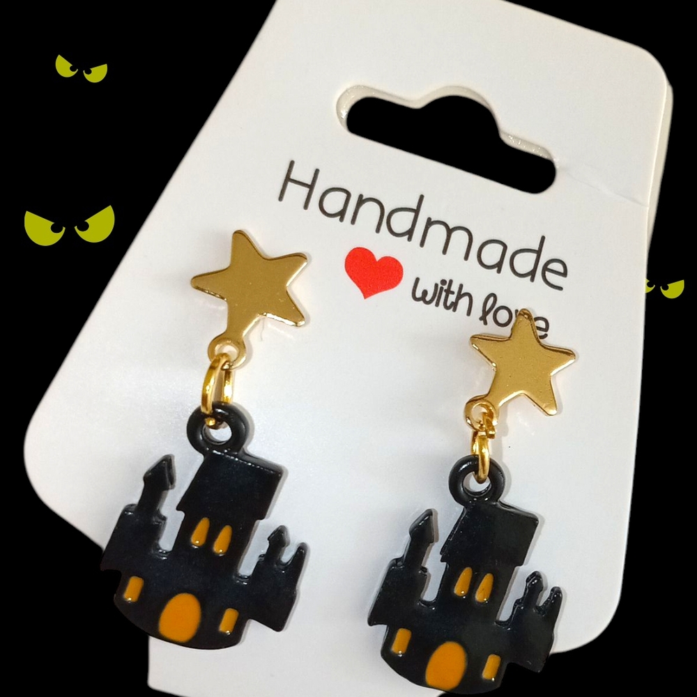 Whimsical Castle and Star Earrings for Kids - Black and Gold
